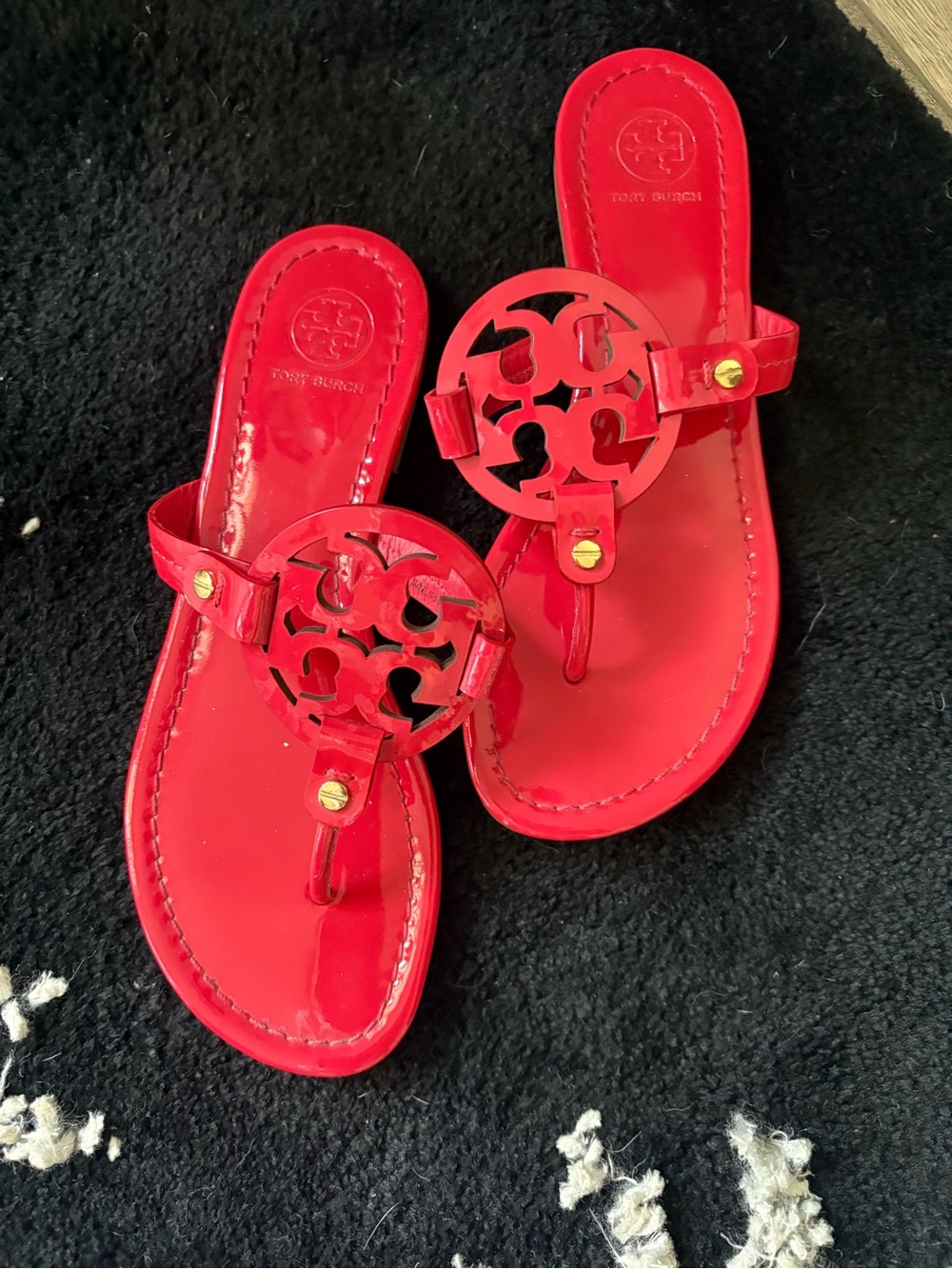 Tory Burch Bright Red Patent Logo Thong Sandals